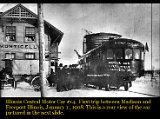 In this photo, taken in the winter, the Motor Car was headed for Madison. The horse drawn bus has its side curtains down to protect its passengers from the cold. The horses used on the bus were rented from the livery stable.